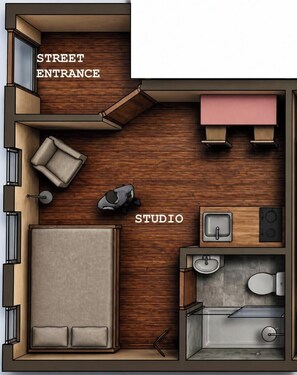 A studio apartment layout with a street entrance, a sofa, a chair, a small table, a kitchenette, and a bathroom.