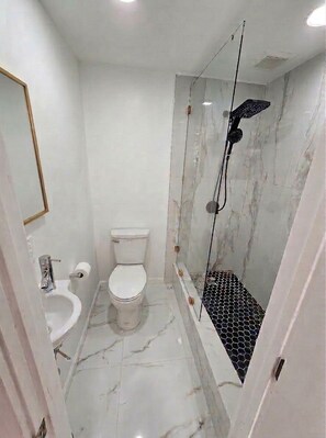 Shower, hair dryer, towels, soap