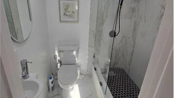 Chuveiro, secador de cabelo, toalhas de banho, sabonete