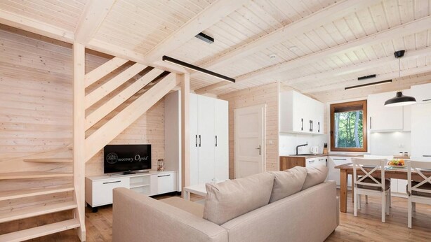 A modern interior with a sofa, a TV, a staircase, and a kitchen area. - Comfortable holiday home (no. 10), summer pool (Rewal)