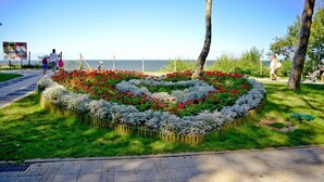 A heart-shaped flower bed with red and white flowers, surrounded by grass and trees, with a clear sky and a path in the foreground.