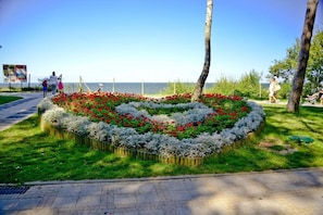 Ein herzförmiger Blumenbeet mit roten und weißen Blüten, umgeben von Gras und Bäumen, mit blauem Himmel und einem Weg im Vordergrund.