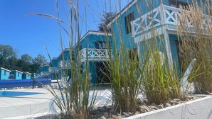 Un edificio con fachada azul y detalles decorativos blancos, rodeado de altas hierbas y un cielo despejado.