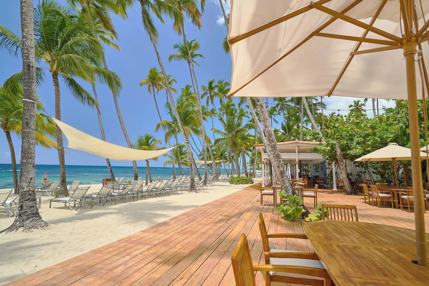 A wooden deck with lounge chairs and umbrellas, overlooking a beach with palm trees and the ocean.