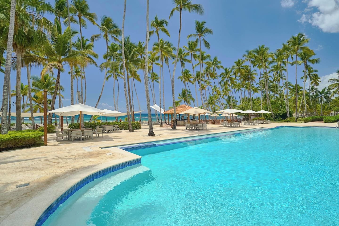 A resort pool area with palm trees, lounge chairs, and umbrellas.