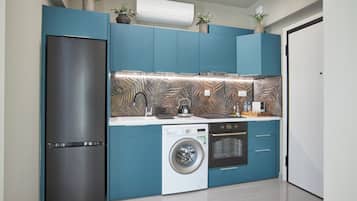 Une cuisine compacte équipée d’un réfrigérateur, d’un lave-linge, d’un four et d’un four à micro-ondes.