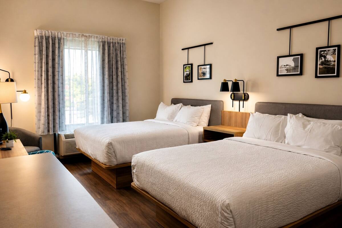 A hotel room with two beds, a desk, a chair, a lamp, and framed pictures on the wall.