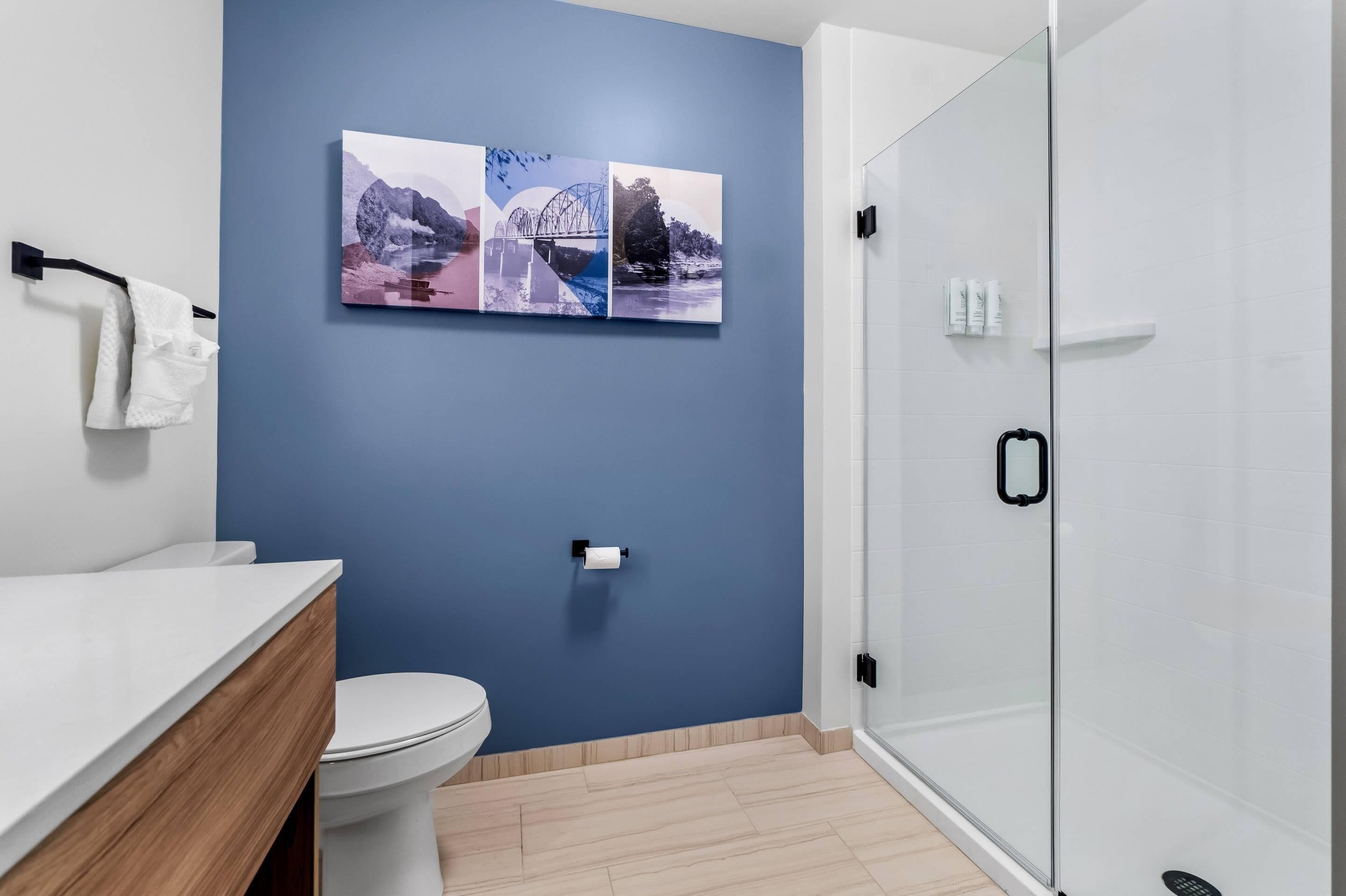 A modern bathroom with a blue wall, a white toilet, a glass shower enclosure, and a wooden vanity.
