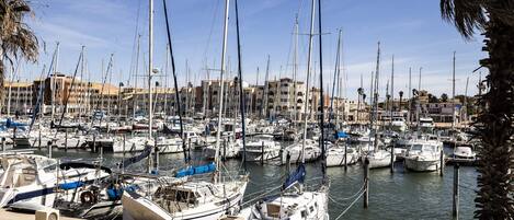 A marina with numerous boats docked, surrounded by buildings and palm trees.