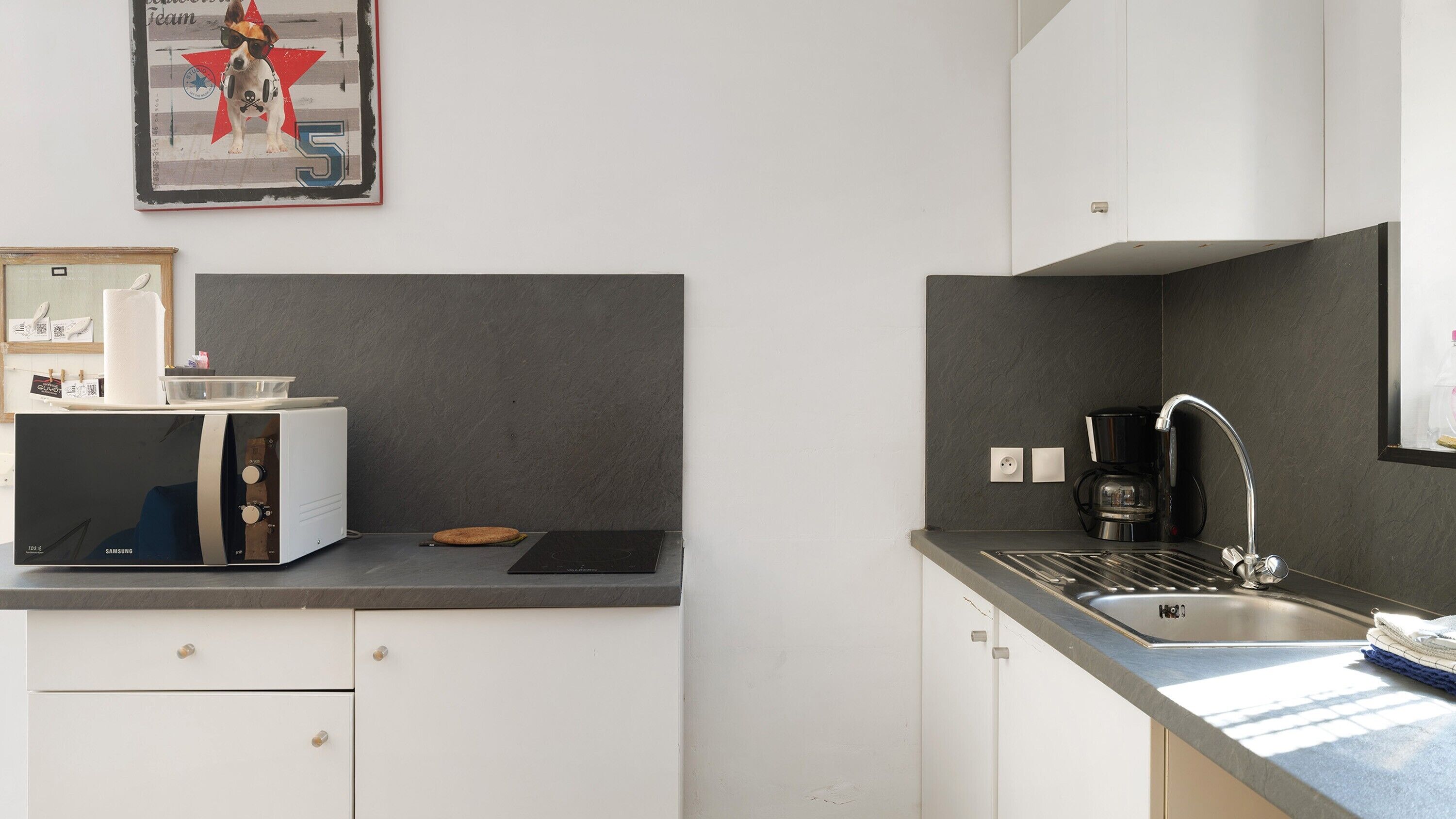 Fridge, microwave, stovetop, cookware/dishes/utensils