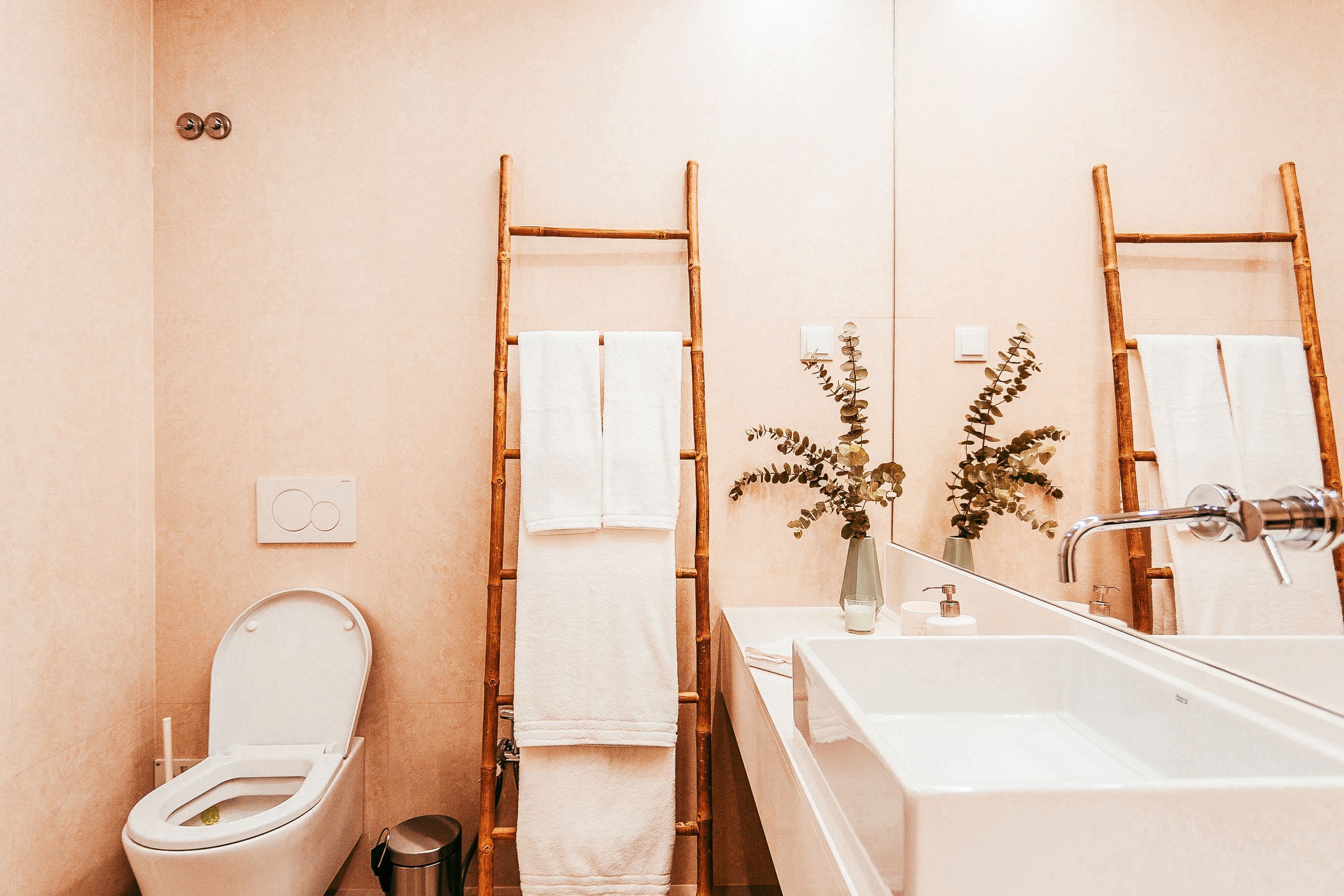 A bathroom with a toilet, a sink, a mirror, and a towel rack.