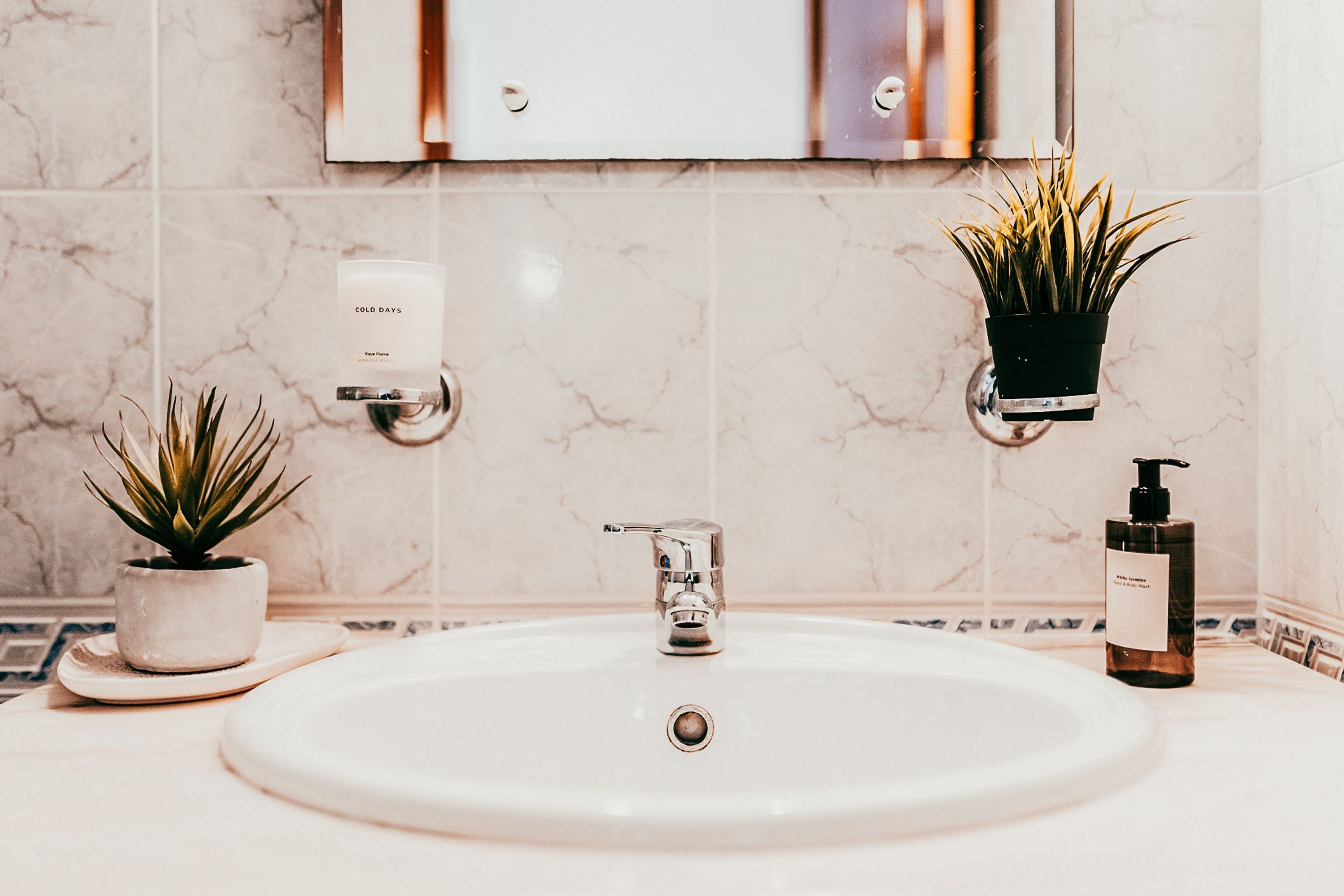 Un baño con un lavamanos blanco, un espejo, un dispensador de toallas y dos plantas en macetas.