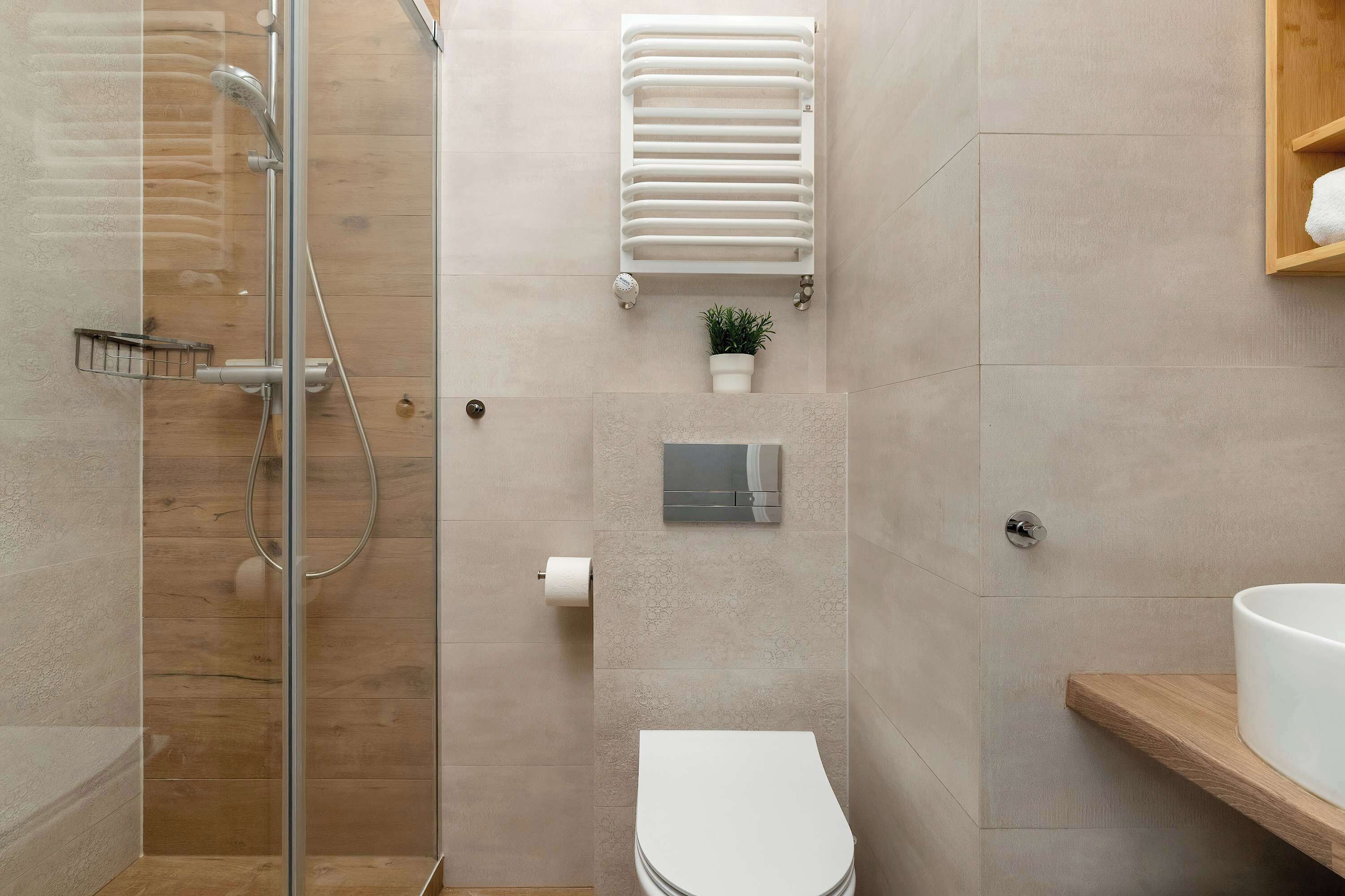 Shower, hair dryer, towels, shampoo