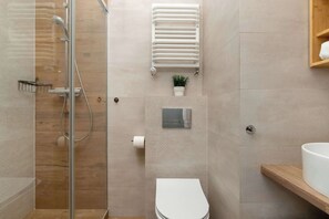 Shower, hair dryer, towels, shampoo