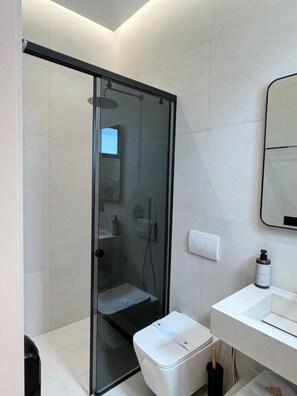 A modern bathroom with a glass-enclosed shower, a white sink, and a toilet. - Hotel Monaco (Kamez)
