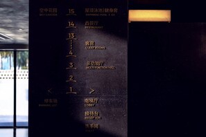Un annuaire d’hôtel indiquant les numéros des chambres et les équipements disponibles, notamment un jardin sur le toit, une piscine, un restaurant, des chambres, une salle polyvalente, un parking, un hall d’entrée, une réception et des toilettes.