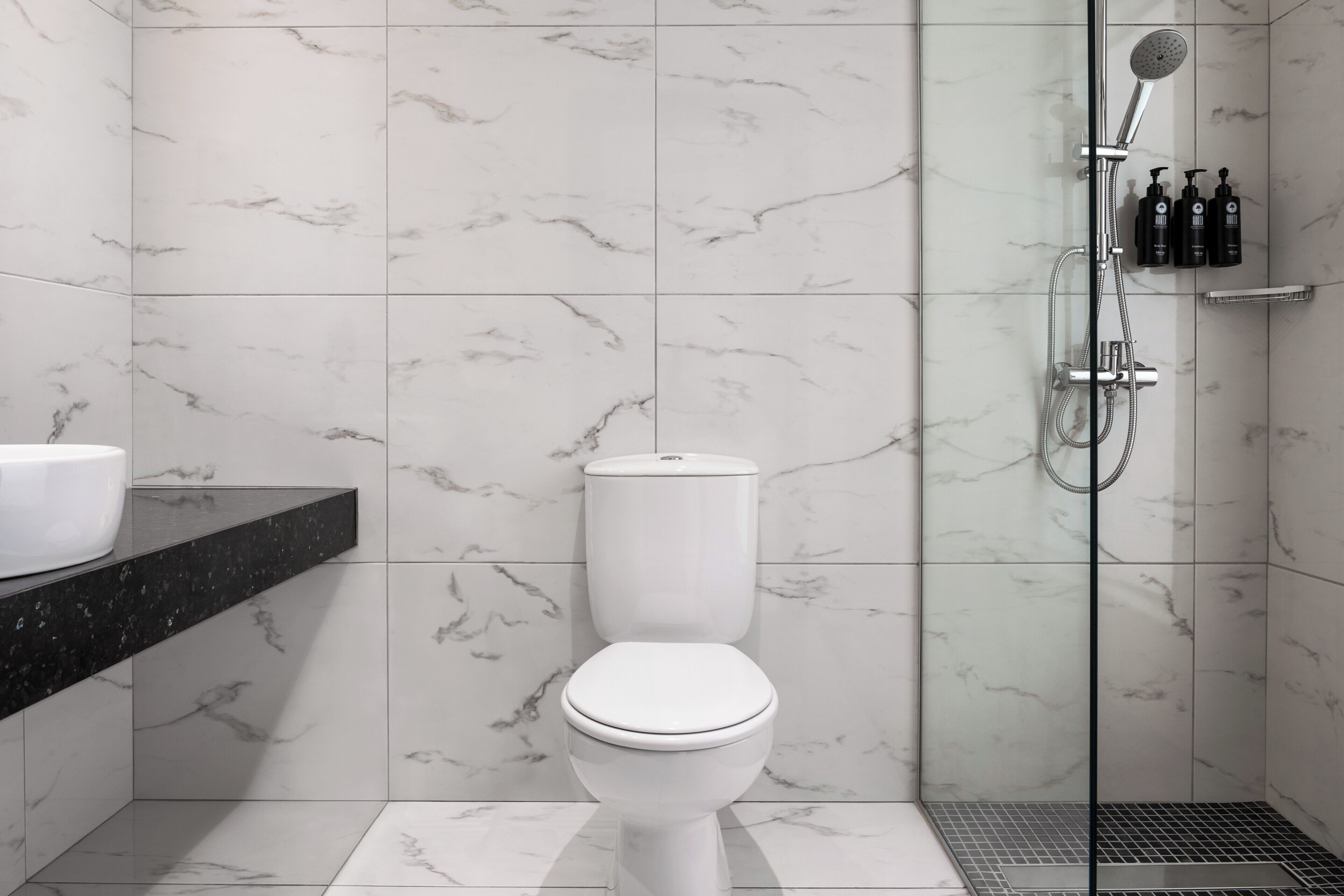 A bathroom with a white toilet, a shower with a handheld showerhead, and a black countertop with a white basin.