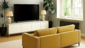 Ein Wohnzimmer mit einer Couch, Fernseher, Blumentöpfen und einem Fenster mit Jalousien.