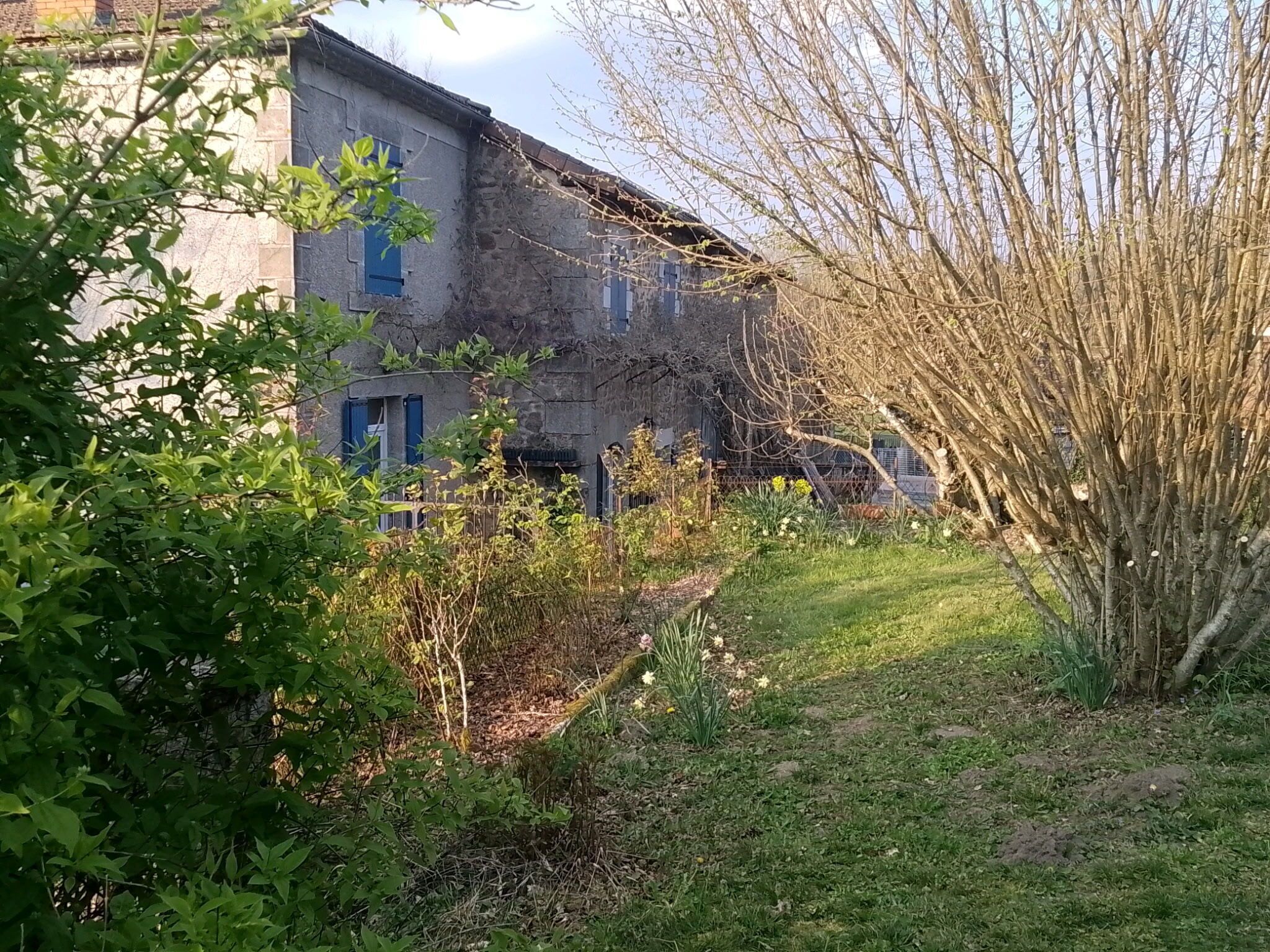A rustic building with a stone facade, a small garden with grass and a tree, and a fence in the background.