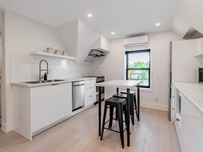 Sleek dining setup perfect for meals or remote work.