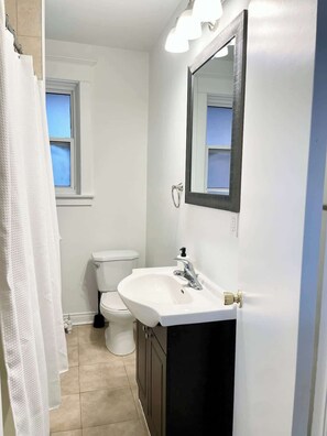 A bathroom with a white sink, a mirror, and a toilet. - Charming + Airy Roncy Apartment (Toronto)