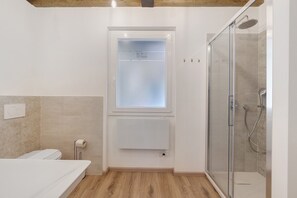 Shower, hair dryer, towels