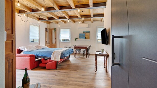 A bedroom with a bed, a red chair, a wooden table, a TV, and a refrigerator. - Studio Apartment with Garden (Rossiglione)