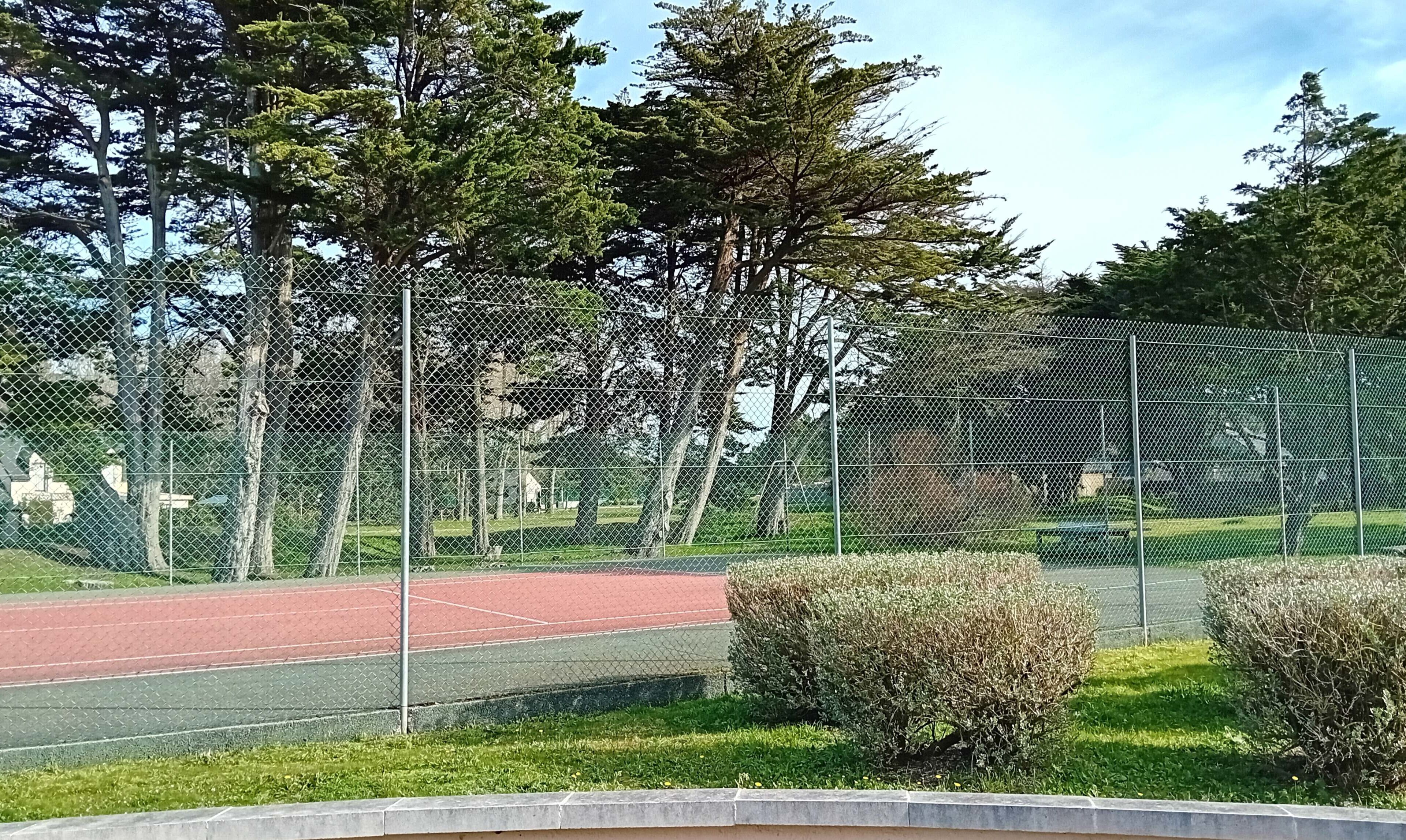 A fenced sports court with a red track, surrounded by trees and bushes.