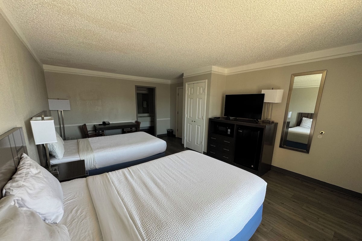 Habitación de hotel con dos camas, un escritorio, un televisor y un espejo.