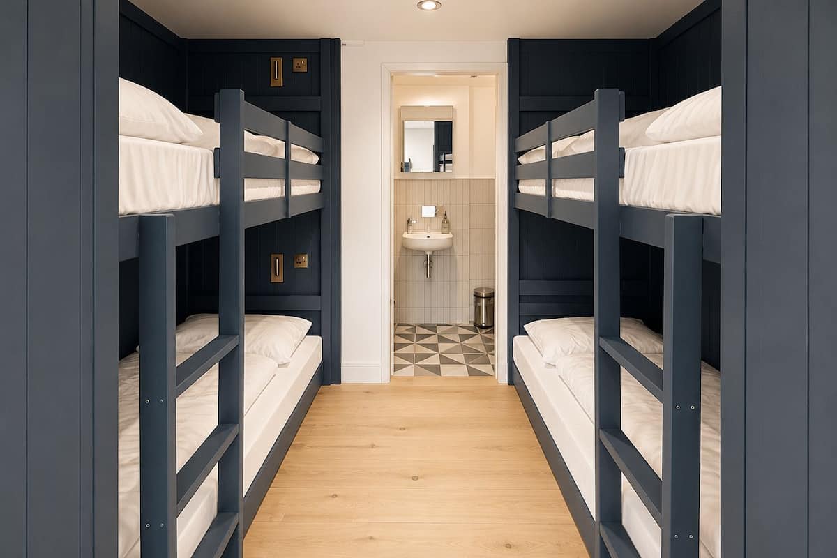 Dormitorio con literas, piso de madera, lavamanos y espejo.