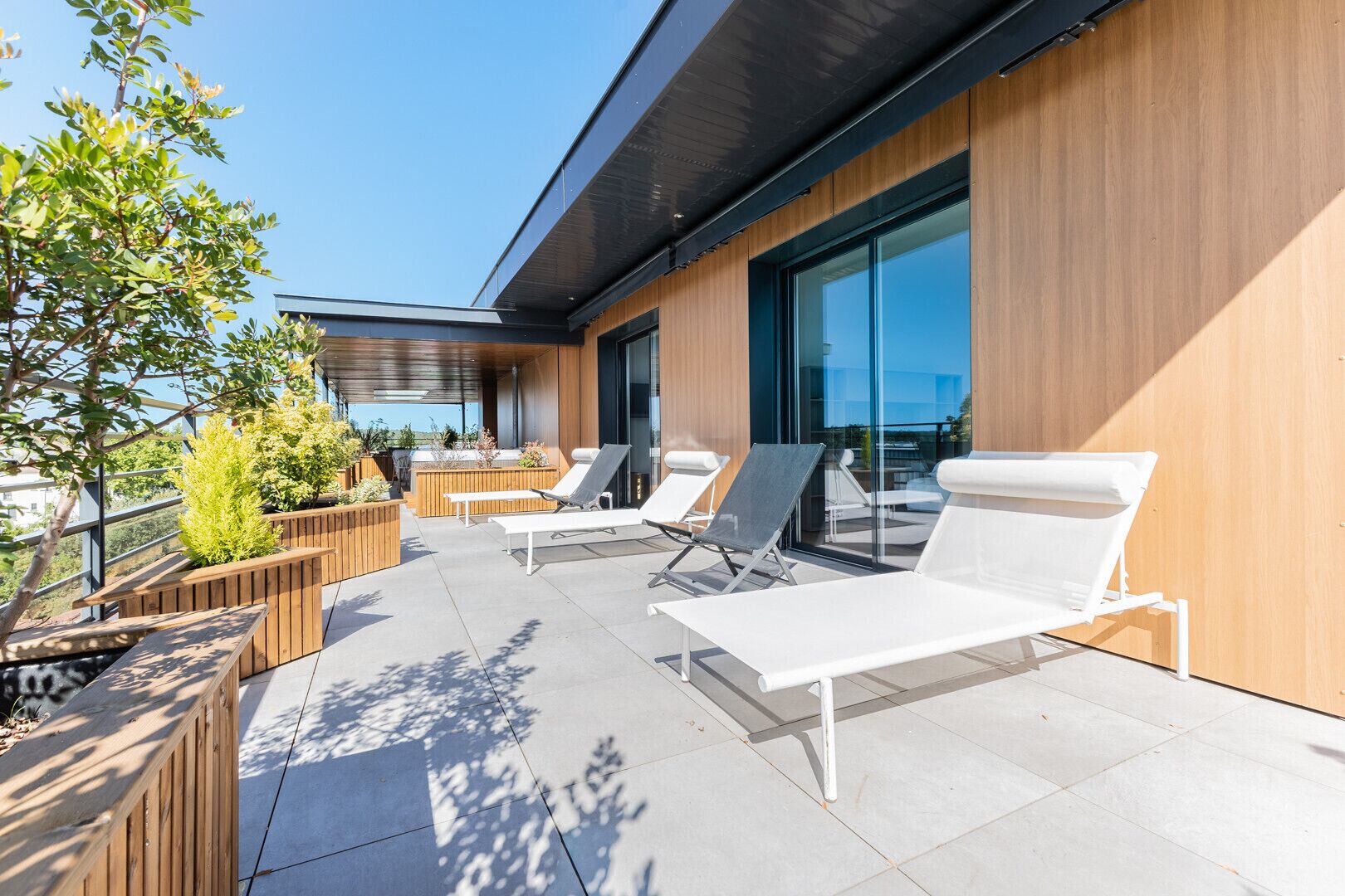 A modern outdoor lounge area with sun loungers and planters, overlooking a cityscape.
