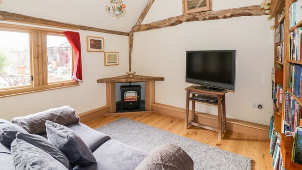 Ein gemütliches Wohnzimmer mit Kamin, Fernseher, Sofa und Bücherregal.