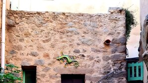 A rustic stone building with a blue door, a small window, and a green window frame. - Air-conditioned Studio 'Sant Ambrogggio' – Terrace with Sea View and Sunset (Lumio)