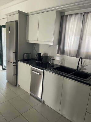 A modern kitchen with stainless steel appliances, a dishwasher, and a black countertop.