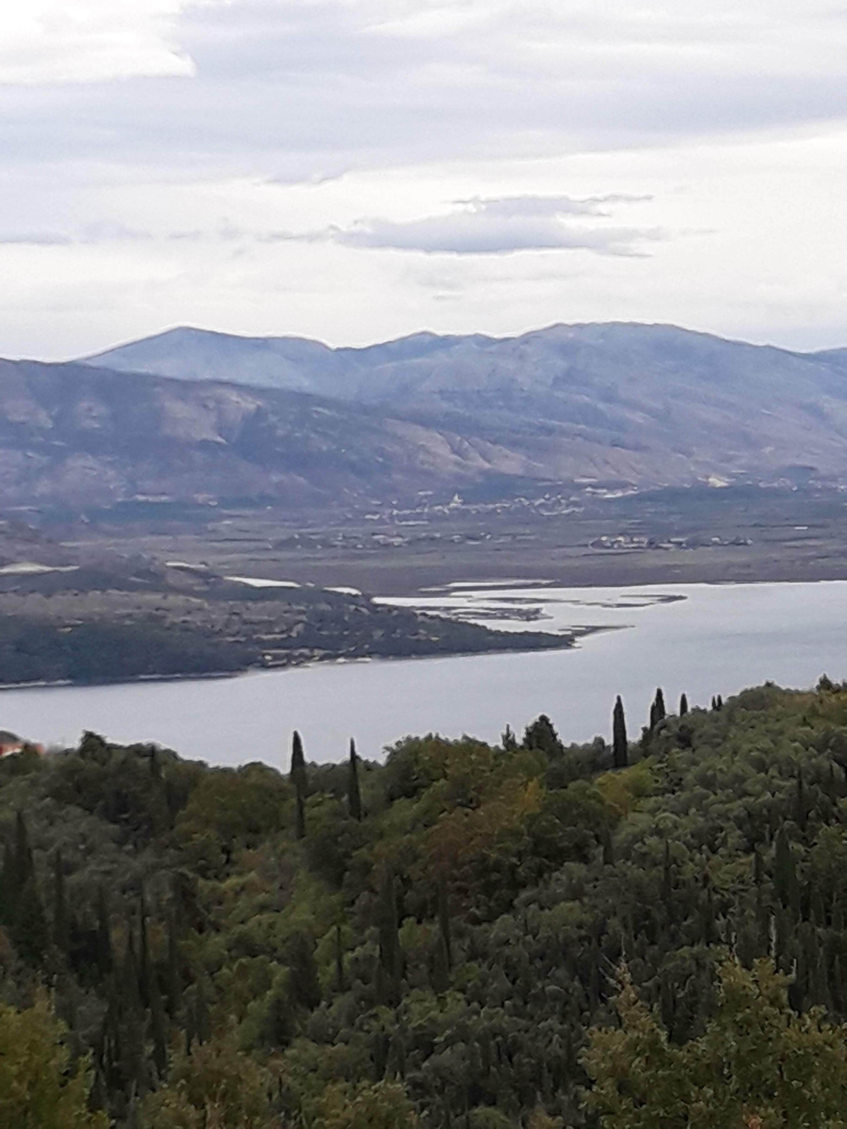 Un paysage montagneux avec un lac et une forêt dense.