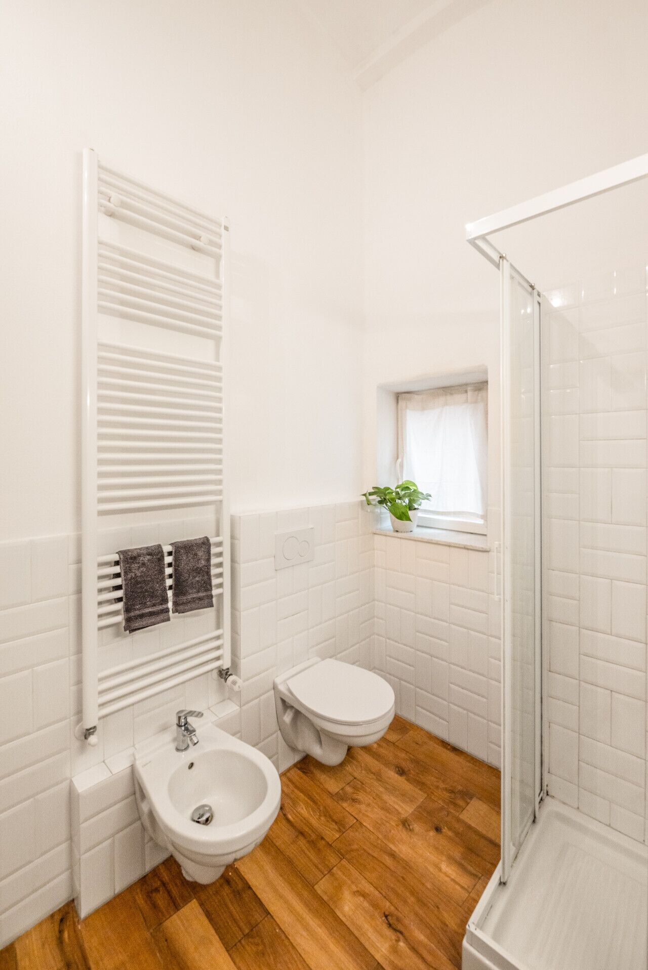 Une salle de bain avec une douche, des toilettes, un bidet et une fenêtre agrémentée d’une plante.