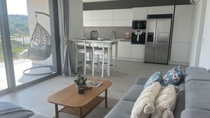 A modern living room with a grey sofa, a wooden coffee table, and a hanging chair.
