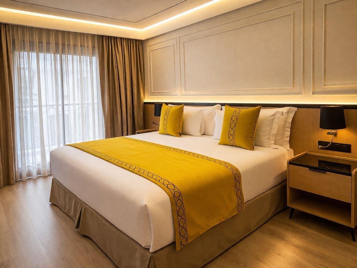 A hotel room with a large bed, a bedside table, a lamp, and a window with curtains.