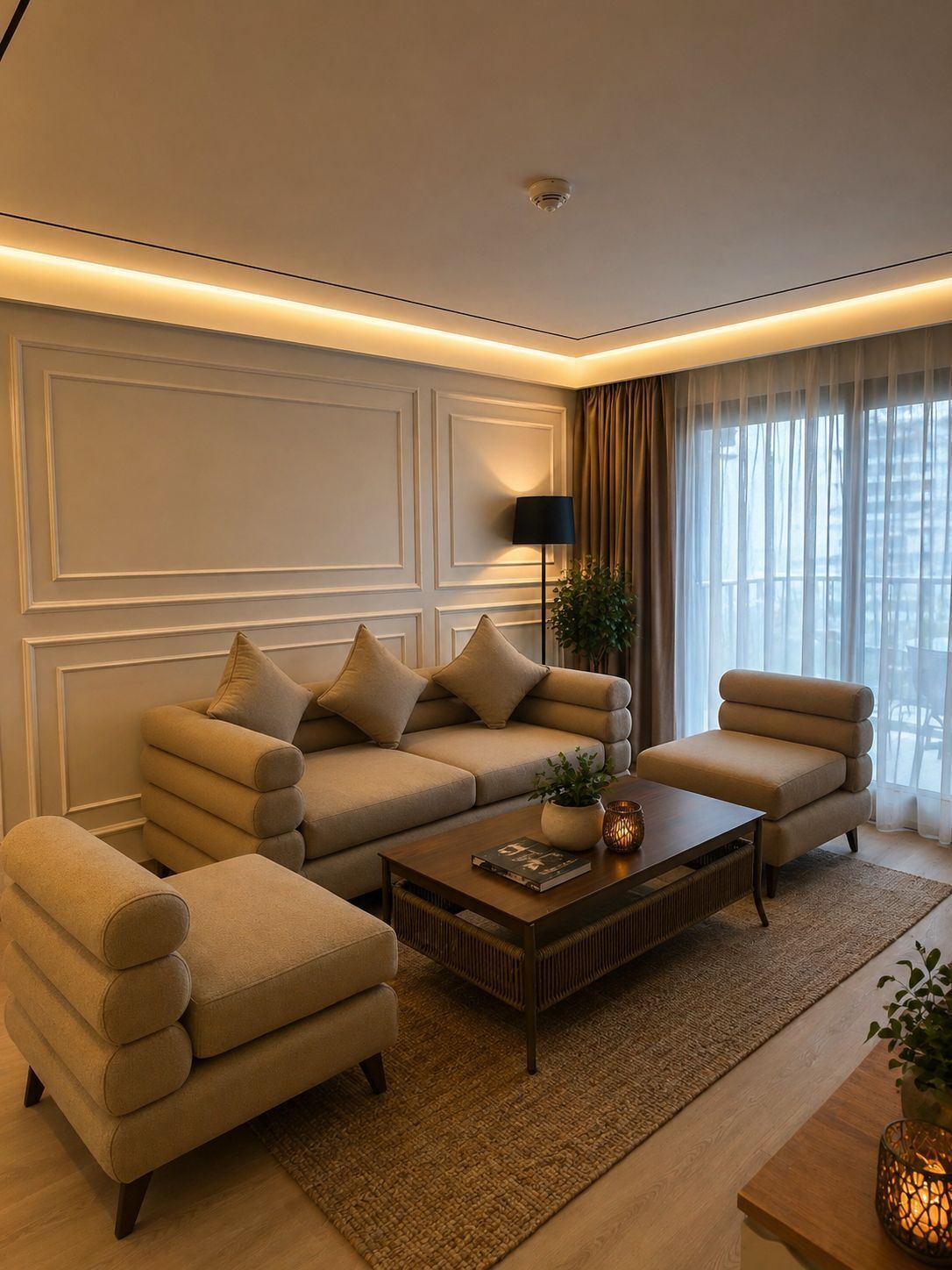 Un salon moderne avec un canapé, une table basse et une lampe.