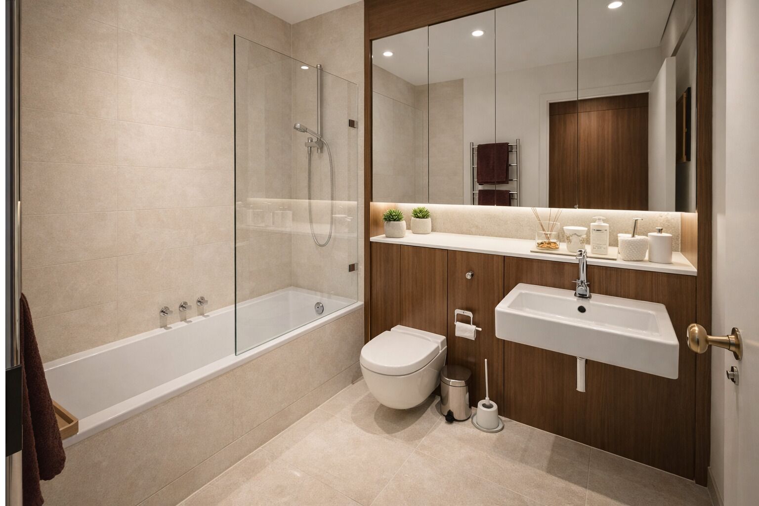 Ein modernes Badezimmer mit einer gläsernen Duschkabine, einer weißen Badewanne, einer Toilette und einem Waschtisch mit Waschbecken und Spiegel.