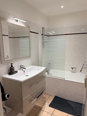 Hair dryer, towels, soap, toilet paper