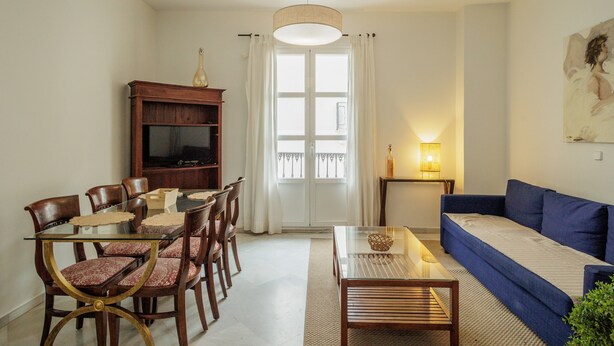 A living room with a sofa, a dining table with chairs, a TV, and a window with curtains. - Central Apartment in Seville (Sevilla)