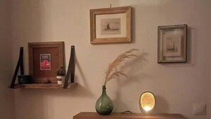 Habitació amb un moble de fusta, un quadre amb marc i un vas amb plantes seques.