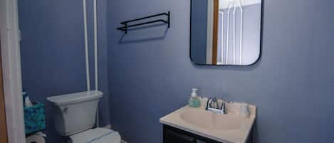 Un bagno con il water, un lavandino, uno specchio e un porta asciugamani.