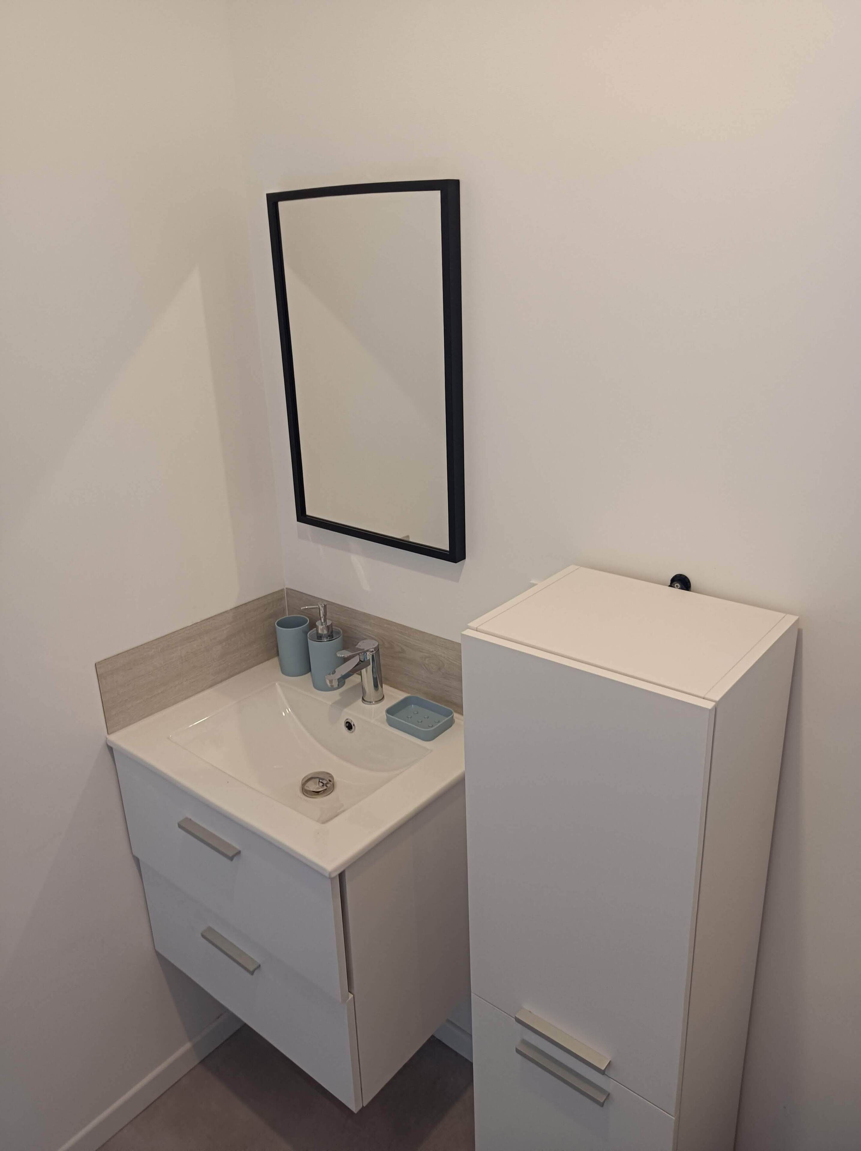 A bathroom with a white sink, a mirror, and a cabinet.