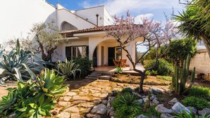 Eine weiße Villa mit einem gepflasterten Weg, einer Bank und verschiedenen Pflanzen.