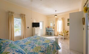 A bedroom with a bed, a desk, a chair, and a television. - Spacious one bedroom studio with a large patio in a private garden setting (St. John)