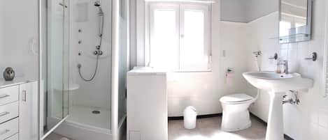 Dusche, Haartrockner, Seife, Toilettenpapier