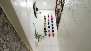 Un corridoio stretto con una parete in pietra da un lato, una parete bianca con una TV e dei pompon decorativi, e una piccola pianta in vaso.