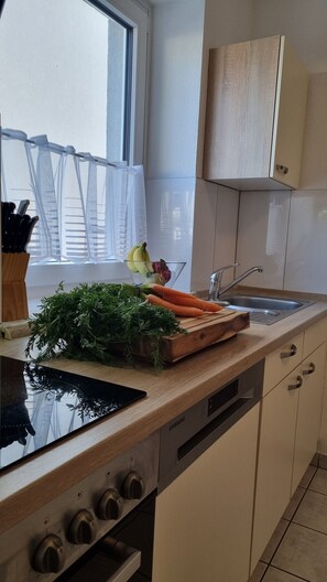 Frigorífico, microondas, horno y placa de cocina